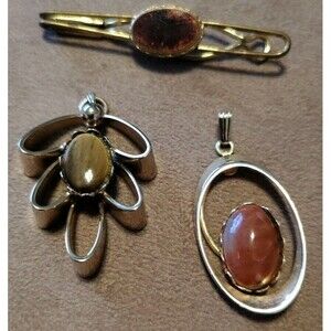 2 Pendant Only 1 Tie Clip Fire Agate Carnelian Gold-Tone